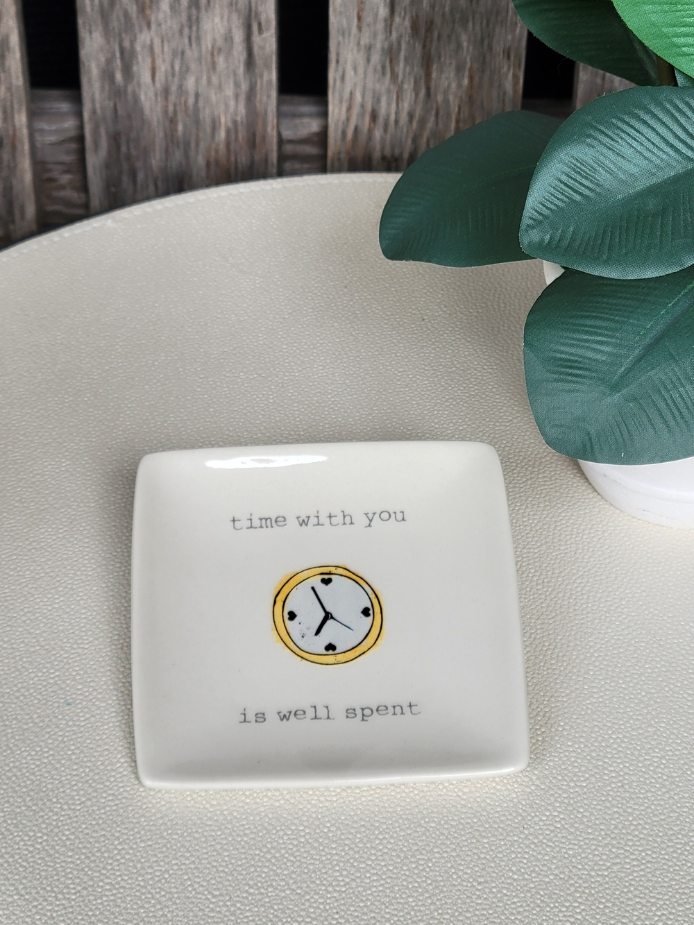Creative Co-Op Cream Ceramic Trinket Yellow Clock Motif Time With You-